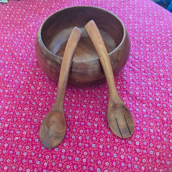 MCM Blair Hawaii Koa Wood Serving Bowl 2 Spoons Signed Midcentury Vintage Acacia - Picture 10 of 12